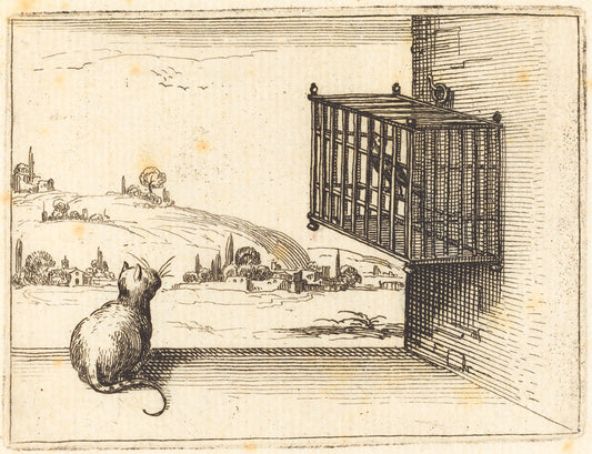 Cat Watching Caged Bird by Jacques Callot (French, 1592 - 1635), 16X12"(A3)Poster Print