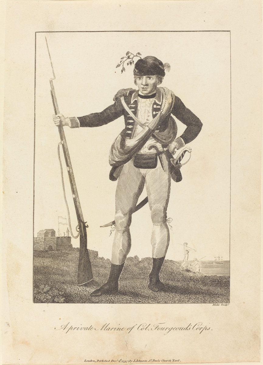 A private Marine of Col. Fourgeoud's Corps by William Blake after John Gabriel Stedman (British, 1757 - 1827), 16X12"(A3)Poster Print