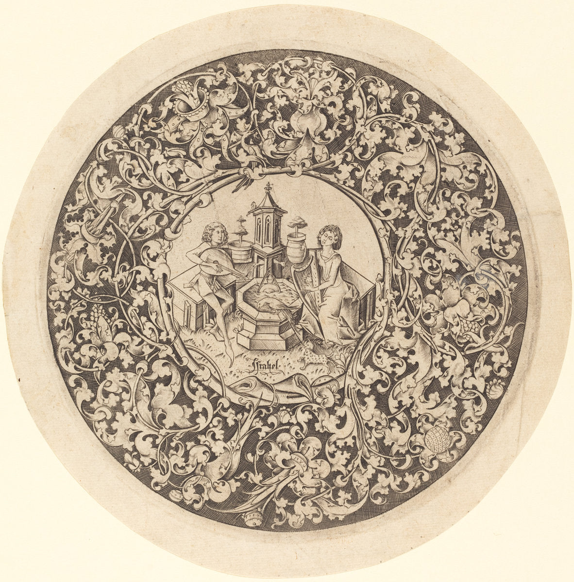 Circular Ornament with Musicians Playing near a Well by Israhel van Meckenem (German, c. 1445 - 1503), 16X12"(A3)Poster Print