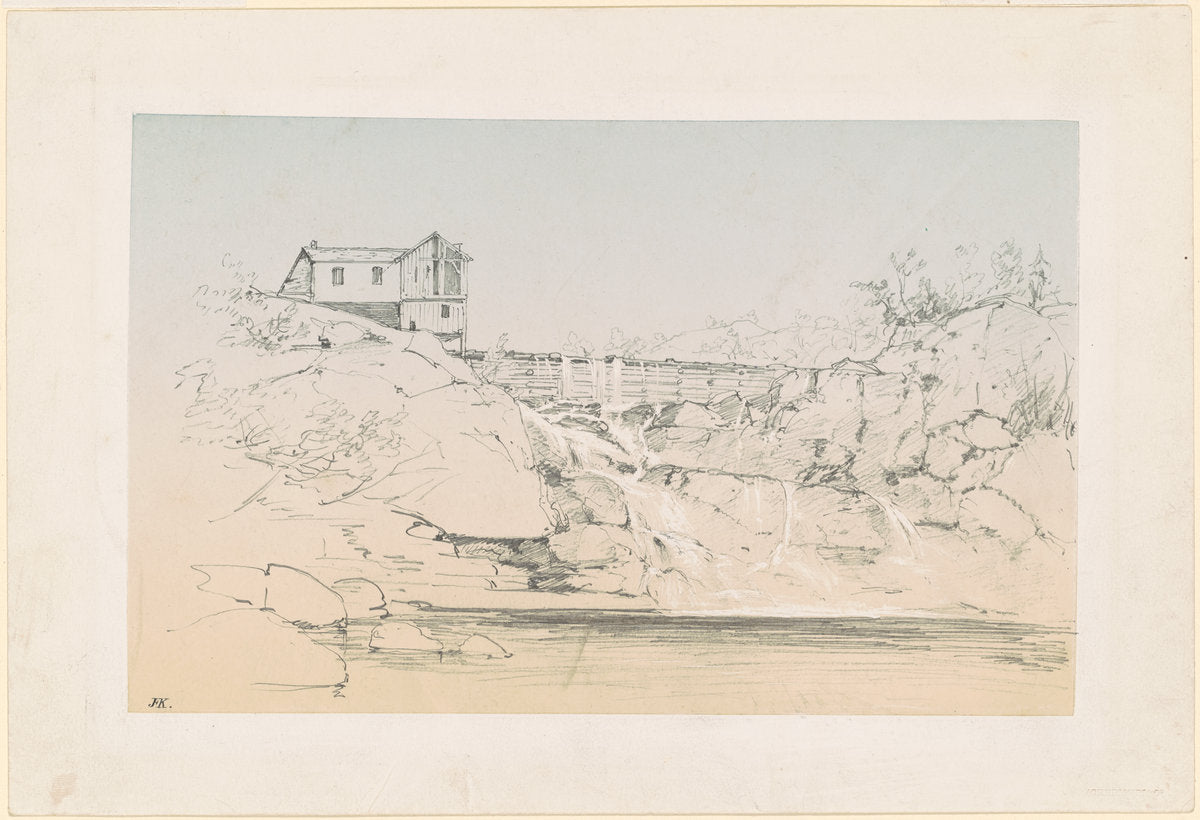 Building by a Dam by John Frederick Kensett (American, 1816 - 1872), 16X12"(A3)Poster Print