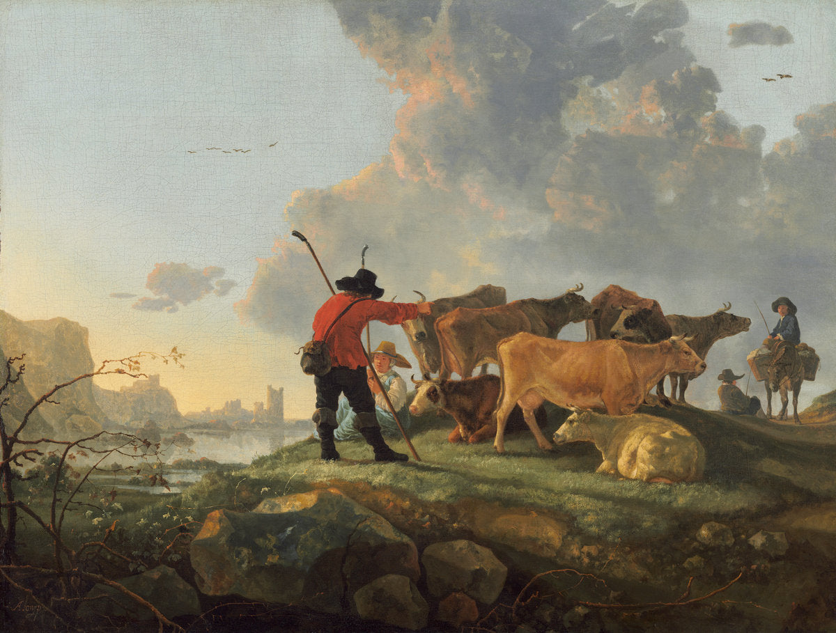 Herdsmen Tending Cattle by Aelbert Cuyp (Dutch, 1620 - 1691), 16X12"(A3)Poster Print
