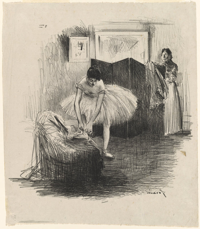 Dancer Tying Her Slipper by Jean-Louis Forain (French, 1852 - 1931), 16X12