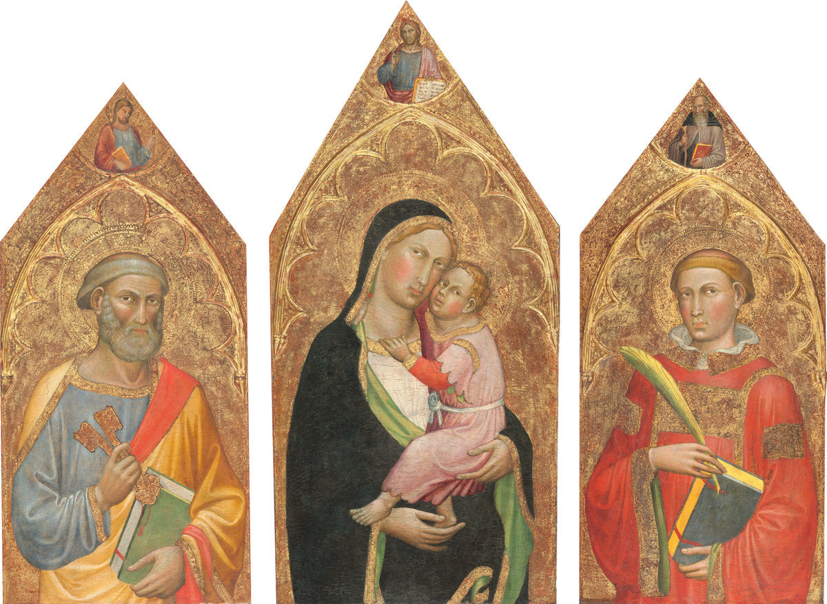 Madonna and Child with the Blessing Christ, and Saints Peter, James Major, Anthony Abbott, and a Deacon Saint [entire triptych] by Martino di Bartolomeo (Sienese, active 1393/1434), 16X12"(A3)Poster Print