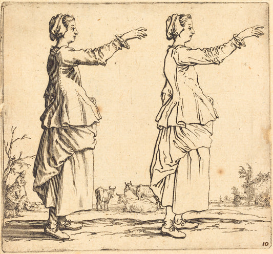 Peasant Woman, in Profile, Facing Right,  with Arm Extended by Jacques Callot (French, 1592 - 1635), 16X12"(A3)Poster Print