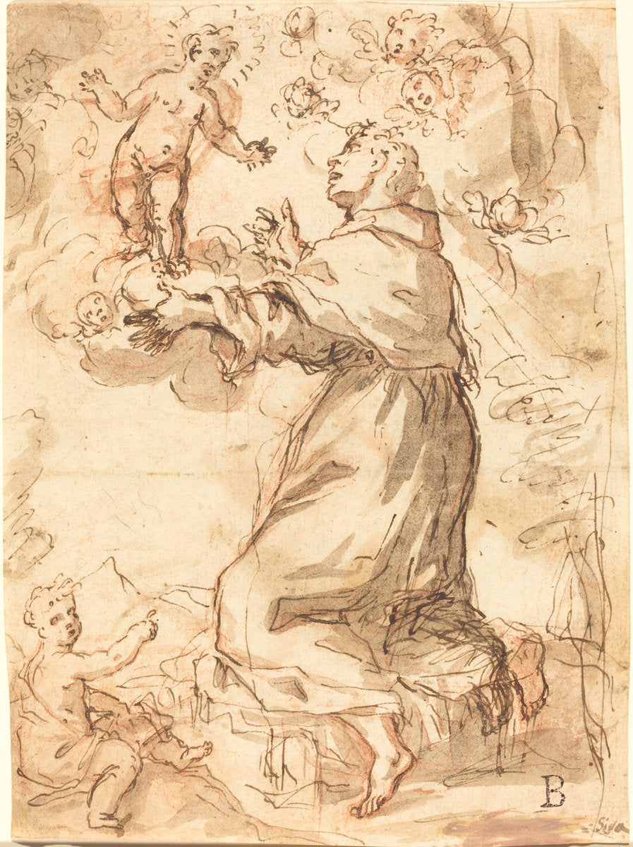 pen and brown ink with gray-brown wash over red chalk on laid paper by Venetian 17th Century (The Christ Child Appearing to Saint Francis), 16X12"(A3)Poster Print