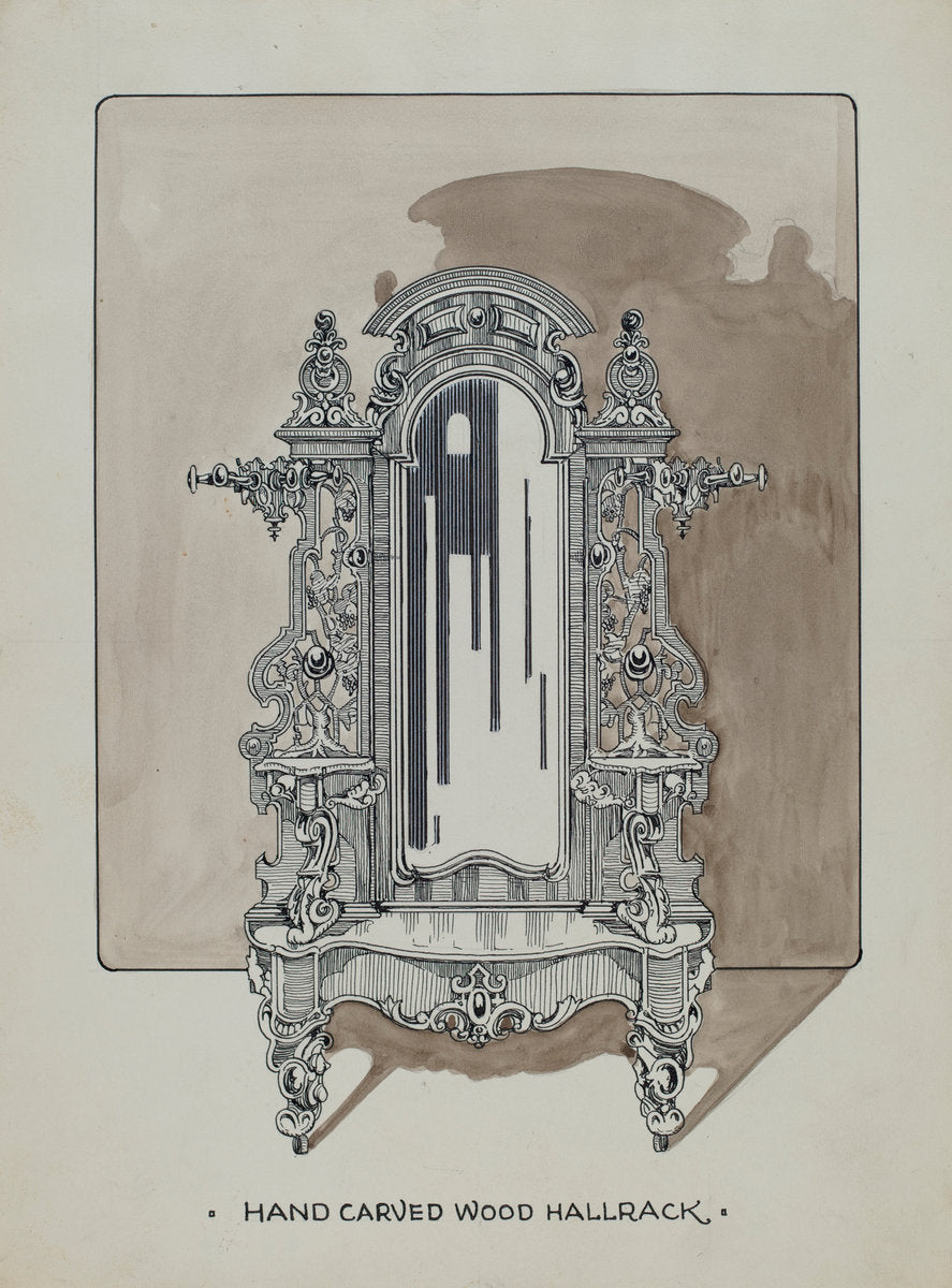 Carved Walnut Hall Rack by Thomas Byrne (American, active c. 1935), 16X12"(A3)Poster Print