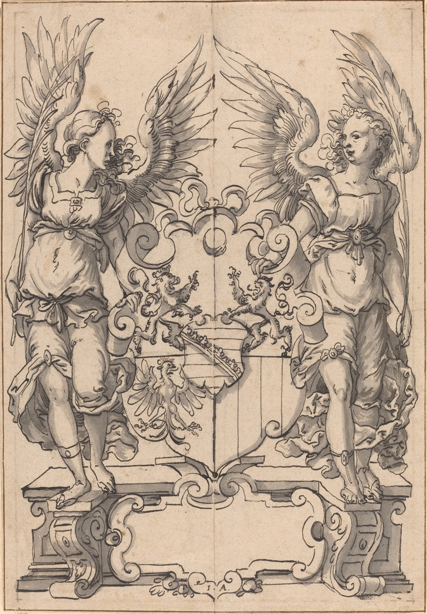 Two Angels Holding a Coat of Arms by Jost Amman (Swiss, 1539 - 1591), 16X12"(A3)Poster Print