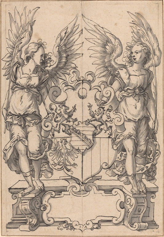 Two Angels Holding a Coat of Arms by Jost Amman (Swiss, 1539 - 1591), 16X12"(A3)Poster Print
