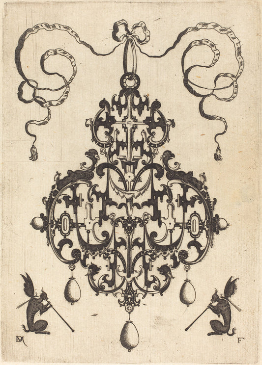 Large Pendant, Two Winged Fantasy Creatures with Trumpets at Bottom by Daniel Mignot (German, active 1593/1596), 16X12"(A3)Poster Print