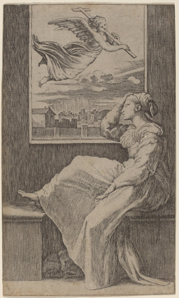 Pensive Woman by Marcantonio Raimondi possibly after Raphael (Italian, c. 1480 - c. 1534), 16X12"(A3)Poster Print