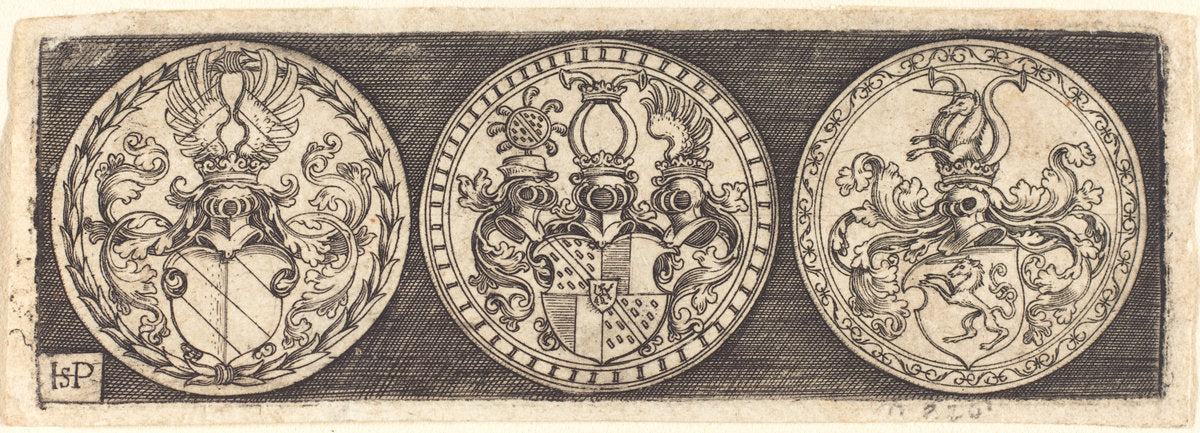 Three Medals with Coats of Arms by Sebald Beham (German, 1500 - 1550), 16X12"(A3)Poster Print