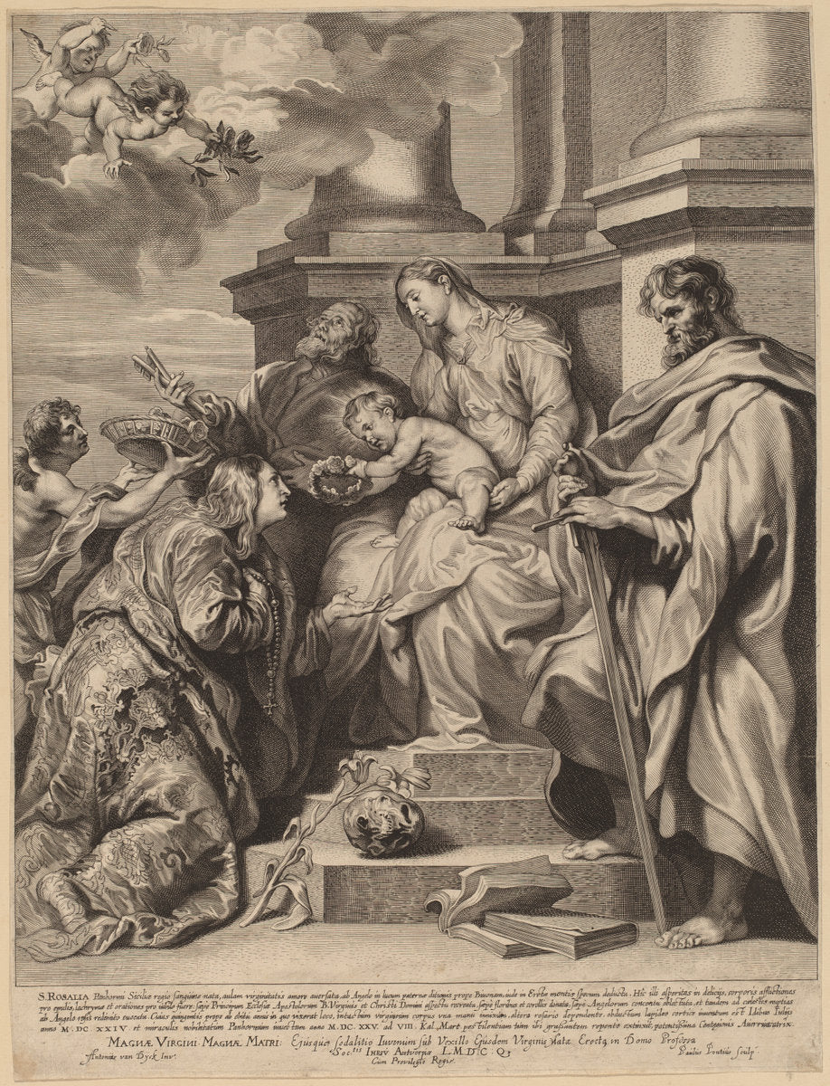 Saint Rosalia Crowned by the Child Jesus by Paulus Pontius, after Sir Anthony van Dyck (Flemish, 1603 - 1658), 16X12"(A3)Poster Print