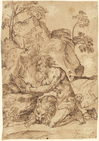 Saint Jerome Reading in the Wilderness by Domenico Campagnola (Venetian, before 1500 - 1564), 16X12"(A3)Poster Print