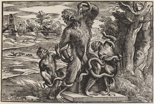 Caricature of the Laocoon Group by Attributed to Niccolò Boldrini after Titian (Italian, 1510 - 1566 or after), 16X12"(A3)Poster Print