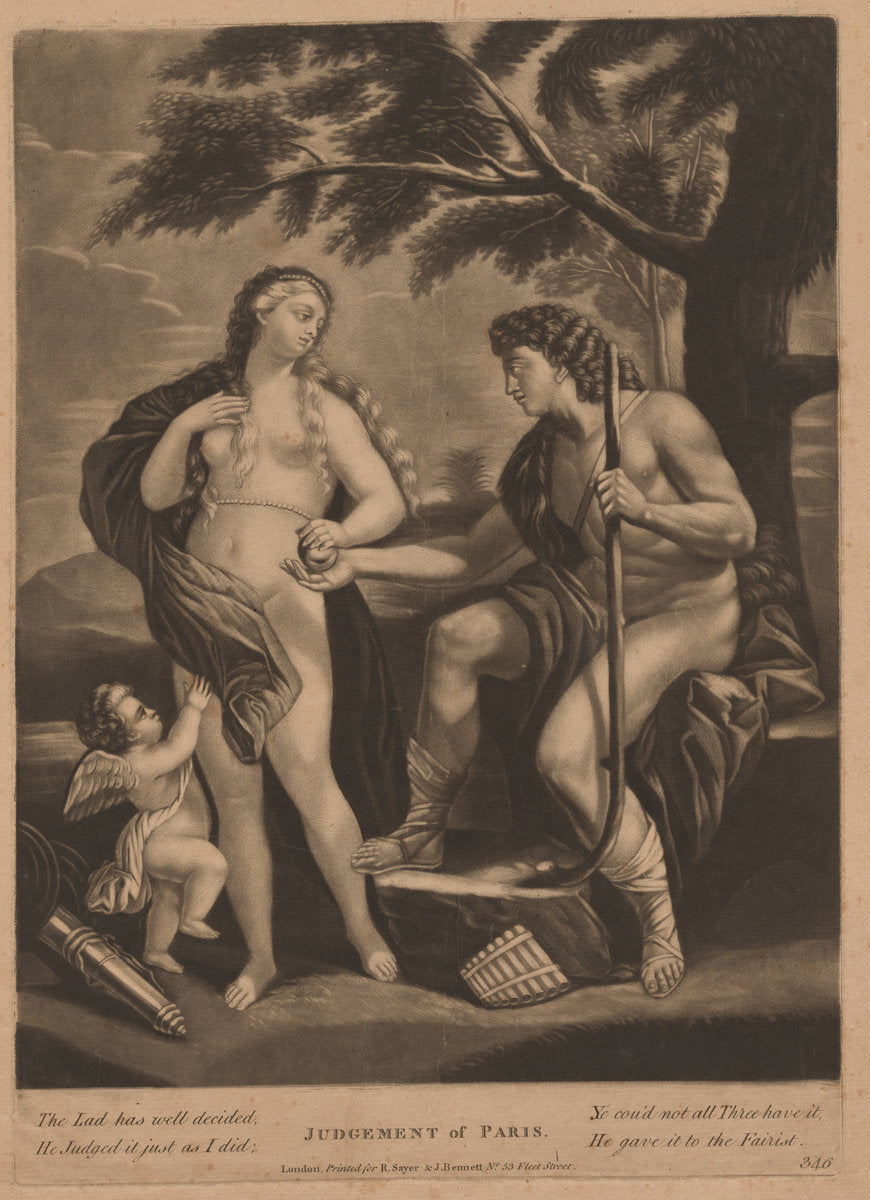 mezzotint on laid paper by British 18th Century (Judgement of Paris), 16X12"(A3)Poster Print