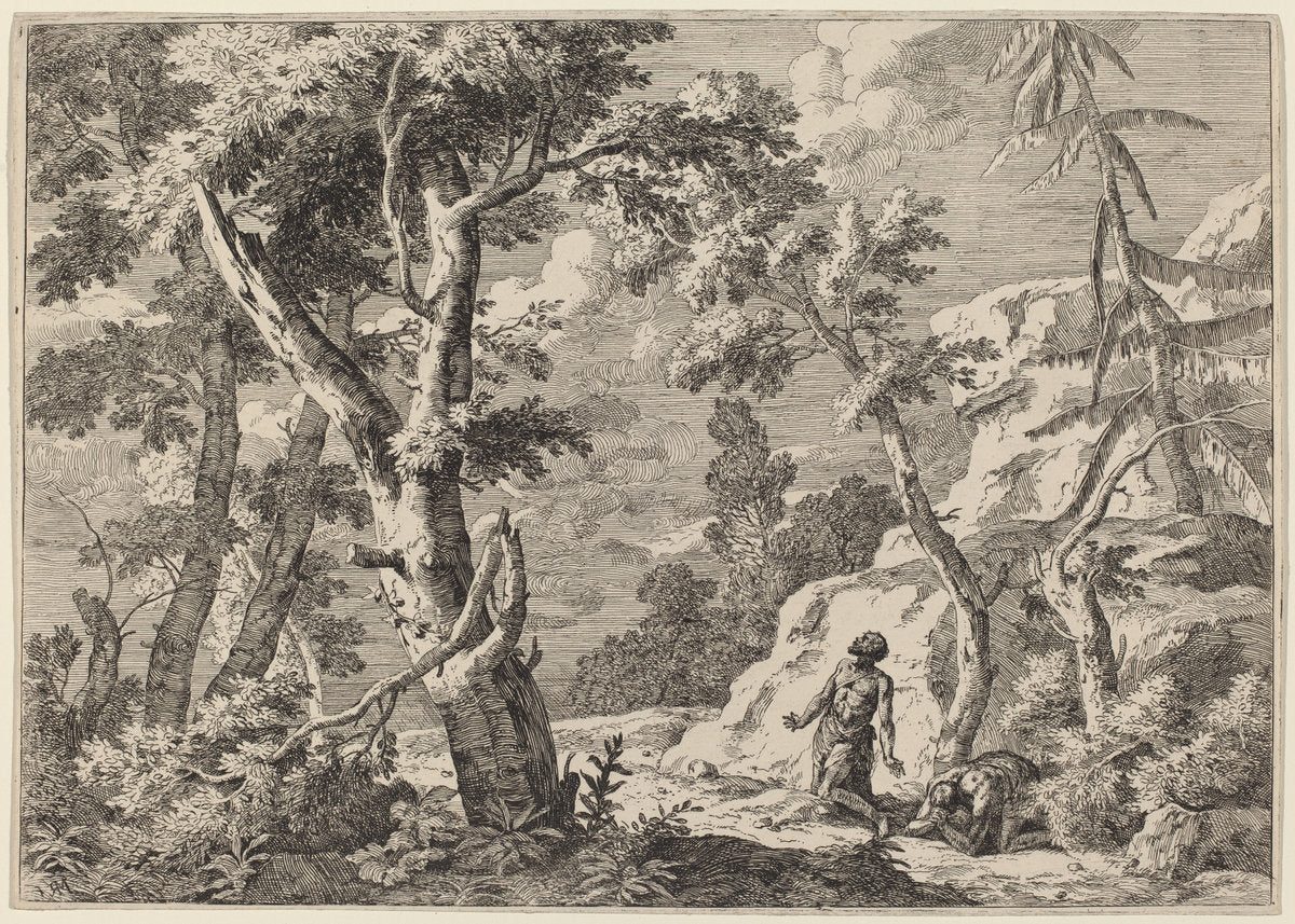 Wilderness Landscape with Two Hermits by Marco Ricci (Italian, 1676 - 1729), 16X12"(A3)Poster Print