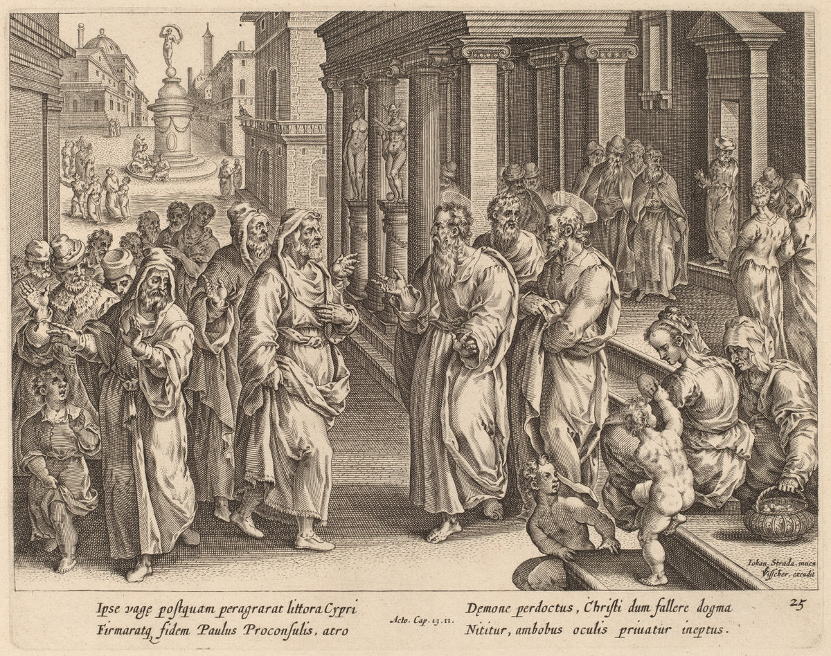 Saint Paul Disputes the Sorcerer by Philip Galle after Jan van der Straet (Flemish, 1537 - 1612), 16X12"(A3)Poster Print