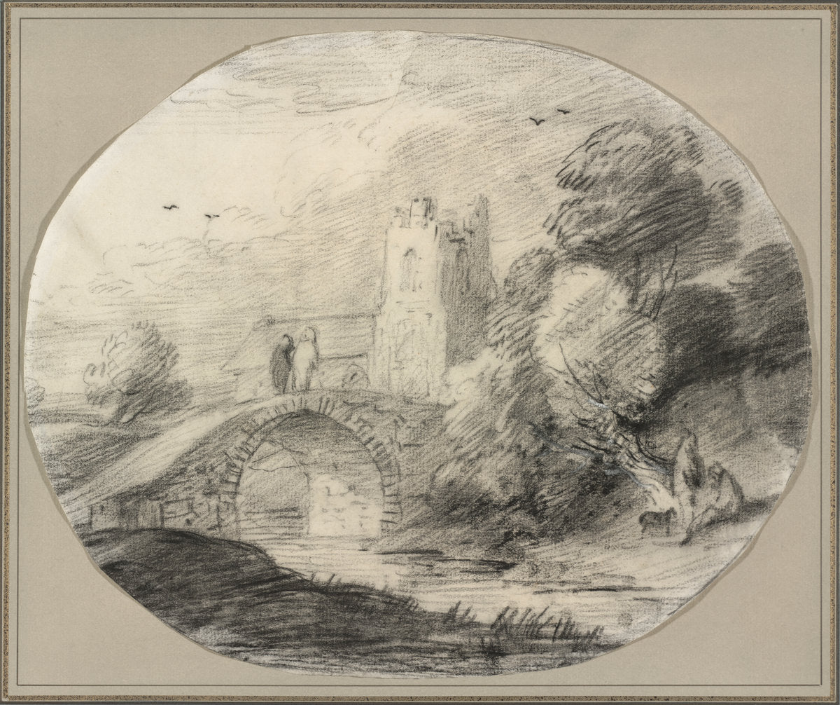 River Landscape with a Bridge and a Church by Thomas Gainsborough (British, 1727 - 1788), 16X12"(A3)Poster Print