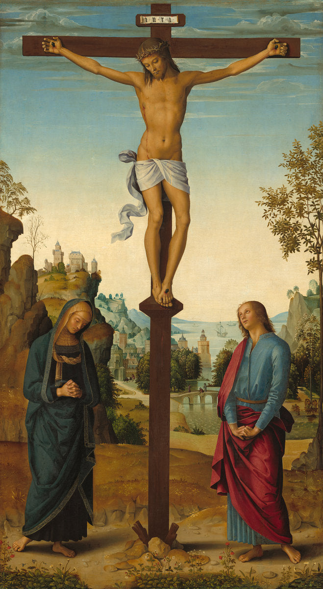 The Crucifixion with the Virgin, Saint John, Saint Jerome, and Saint Mary Magdalene [middle panel] by Pietro Perugino (Umbrian, c. 1450 - 1523), 16X12"(A3)Poster Print