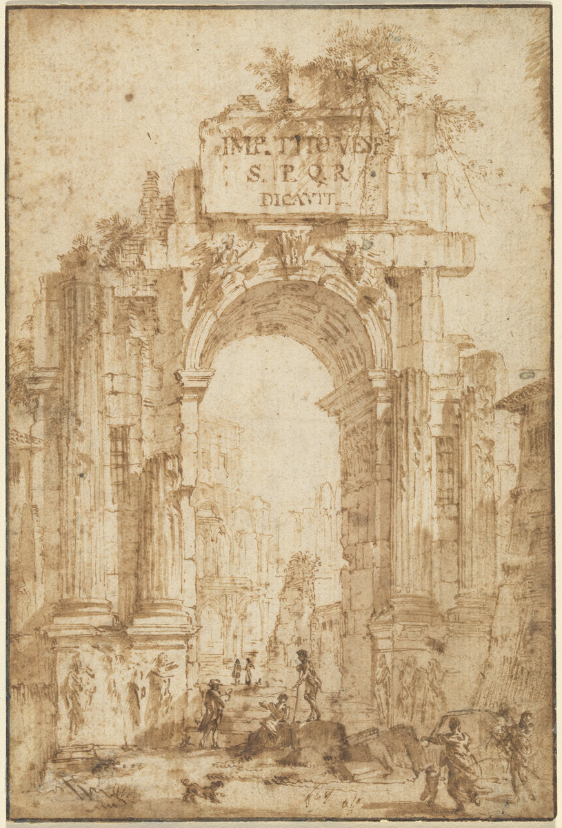 pen and brown ink and brown wash on laid paper by Circle of Giovanni Paolo Panini (Arch of Titus), 16X12"(A3)Poster Print