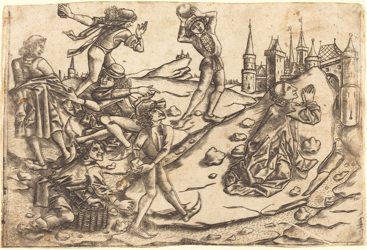 The Stoning of Saint Stephen by Master with the Banderoles after Israhel van Meckenem (Netherlandish, active c. 1450 - active 1475), 16X12"(A3)Poster Print