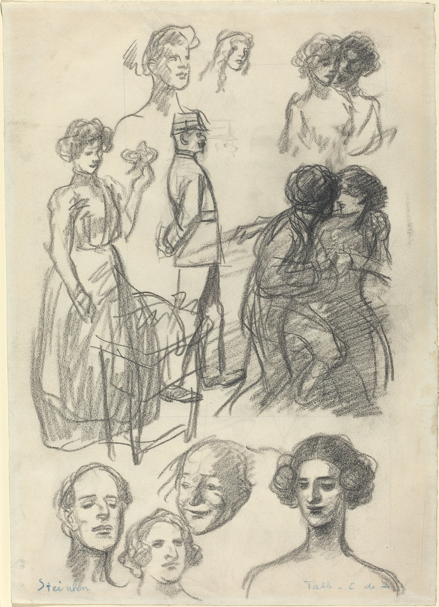 Sketches for "Lovers on a Bench" by Théophile Alexandre Steinlen (Swiss, 1859 - 1923), 16X12"(A3)Poster Print