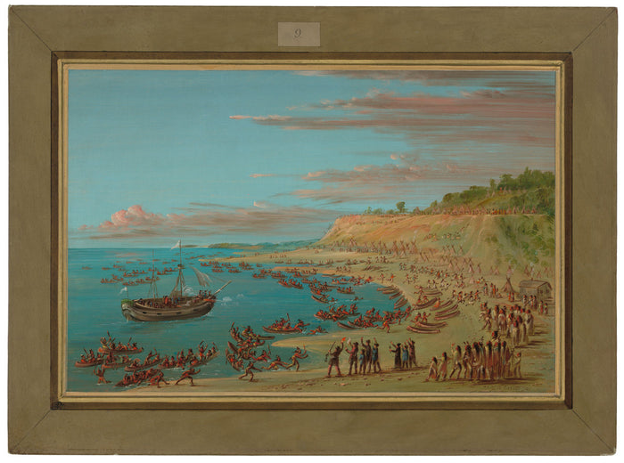 The Griffin Entering the Harbor at Mackinaw.  August 27, 1679 by George Catlin (American, 1796 - 1872), 16X12