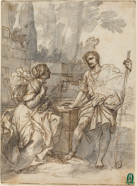 pen and brown ink with gray wash over black chalk on laid paper by Italian 18th Century (Pastoral Scene), 16X12"(A3)Poster Print