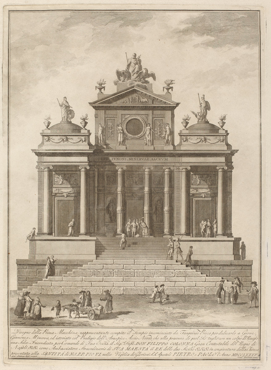 A Temple Dedicated to Jupiter, Juno, and Minerva, for the "Chinea" Festival by Francesco Barbazza after Giuseppe Palazzi (architect) (Italian, active late 18th century), 16X12"(A3)Poster Print
