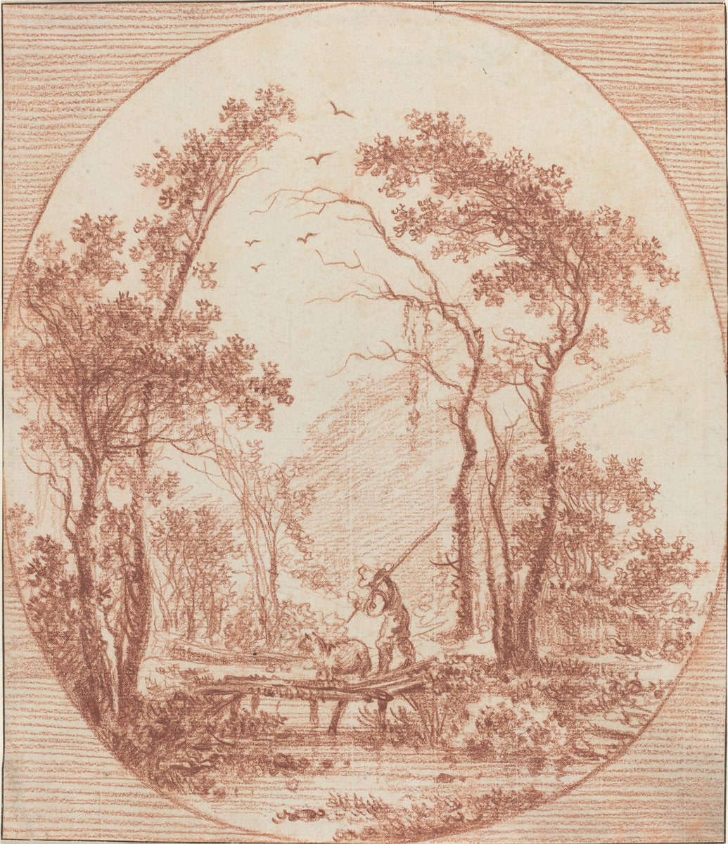 A Farmer and a Sheep Crossing a Rustic Bridge by Jean-Baptiste Le Prince (French, 1734 - 1781), 16X12"(A3)Poster Print