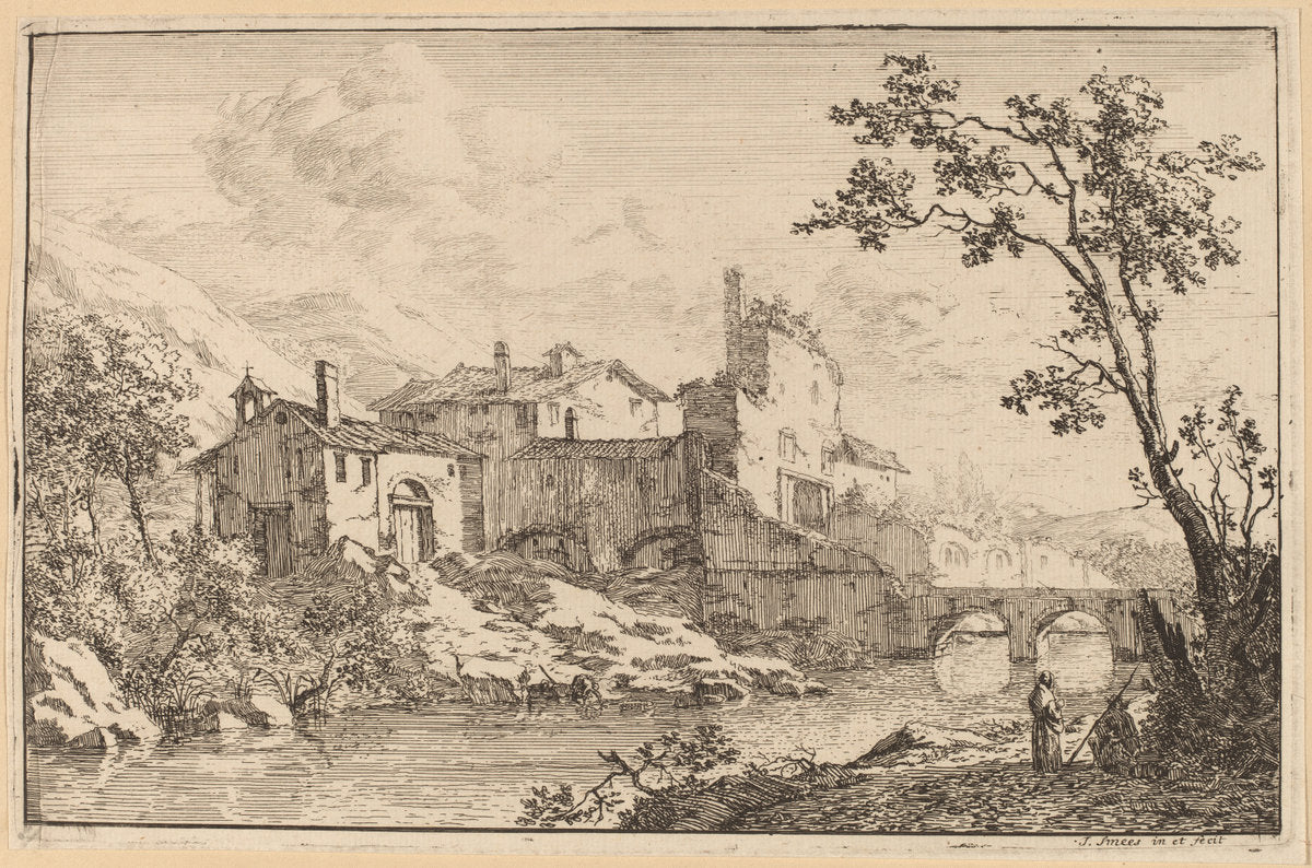 Houses at the Side of a River by Jan Smees (Dutch, active 1705 - 1729), 16X12"(A3)Poster Print