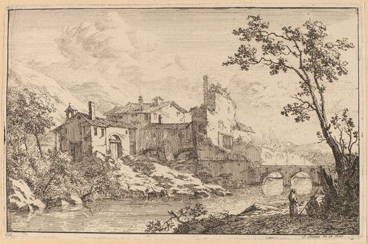 Houses at the Side of a River by Jan Smees (Dutch, active 1705 - 1729), 16X12"(A3)Poster Print
