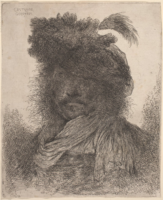 Bearded Man with Shadowed Face, Wearing a Scarf and a Plumed Hat by Giovanni Benedetto Castiglione (Italian, 1609  - 1664), 16X12"(A3)Poster Print
