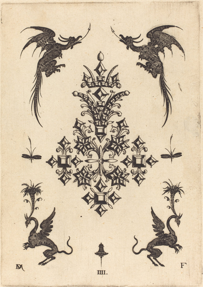 Brooch with Table-Stones, Winged Dragons at Top, and Griffins at Bottom by Daniel Mignot (German, active 1593/1596), 16X12"(A3)Poster Print