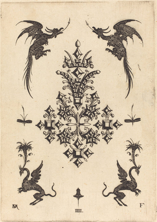 Brooch with Table-Stones, Winged Dragons at Top, and Griffins at Bottom by Daniel Mignot (German, active 1593/1596), 16X12"(A3)Poster Print