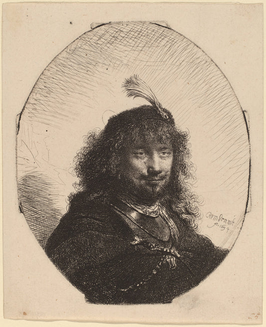 Self-Portrait (?) with Plumed Cap and Lowered Sabre by Rembrandt van Rijn (Dutch, 1606 - 1669), 16X12"(A3)Poster Print