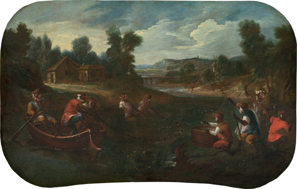 Singerie: The Fishermen by Christophe Huet (French, 1700 - 1759), 16X12"(A3)Poster Print
