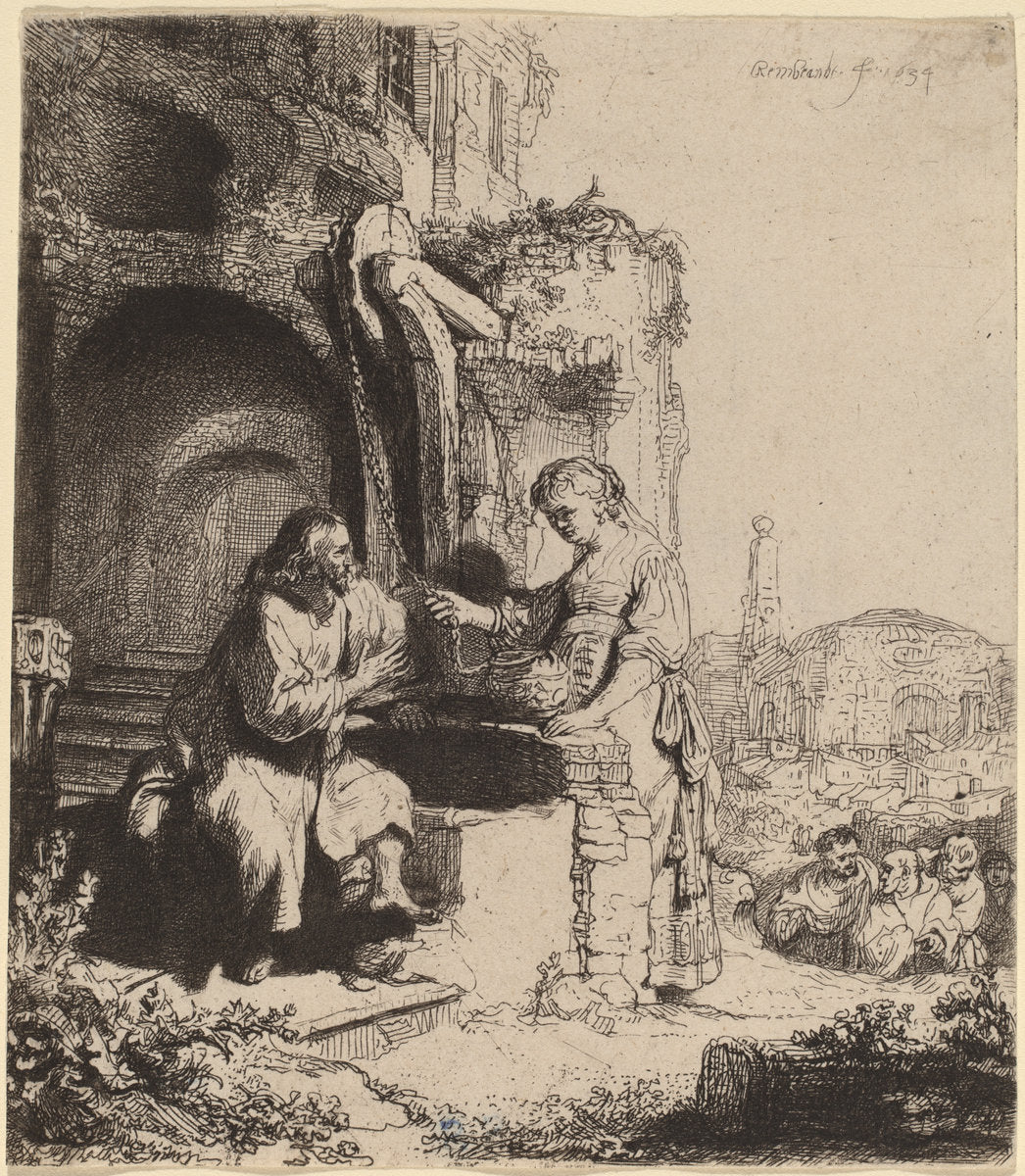 Christ and the Woman of Samaria Among Ruins by Rembrandt van Rijn (Dutch, 1606 - 1669), 16X12"(A3)Poster Print