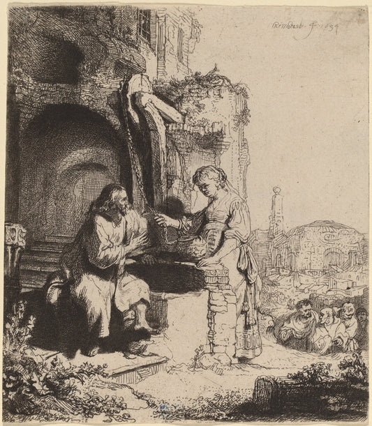 Christ and the Woman of Samaria Among Ruins by Rembrandt van Rijn (Dutch, 1606 - 1669), 16X12"(A3)Poster Print