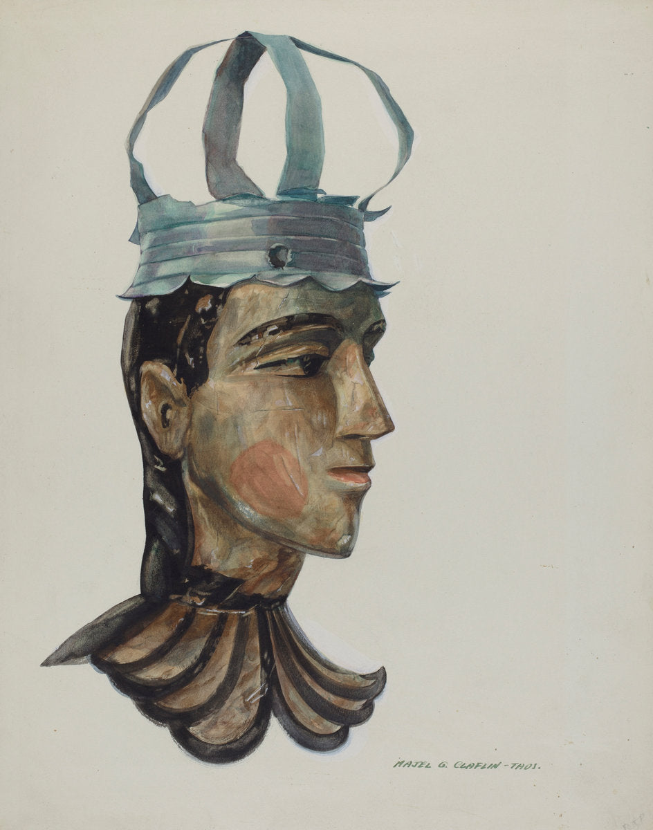 Head of Carved Figure with Tin Crown by Majel G. Claflin (American, active c. 1935), 16X12"(A3)Poster Print