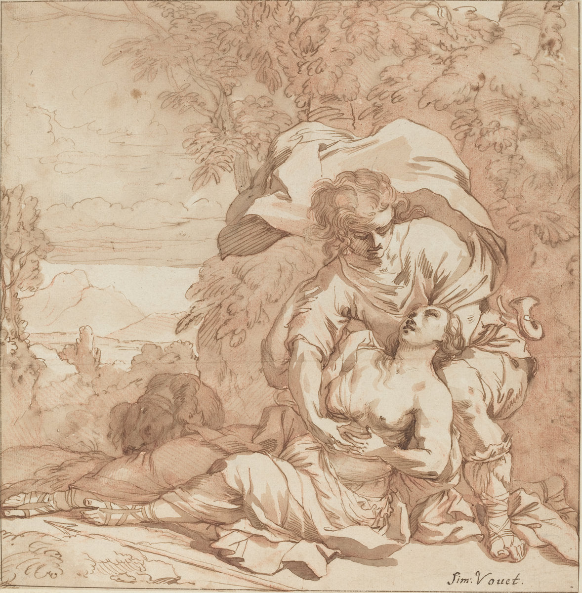 pen and brown ink with brown wash over red chalk on laid paper by Studio of Simon Vouet (Procris and Cephalus (?)), 16X12"(A3)Poster Print