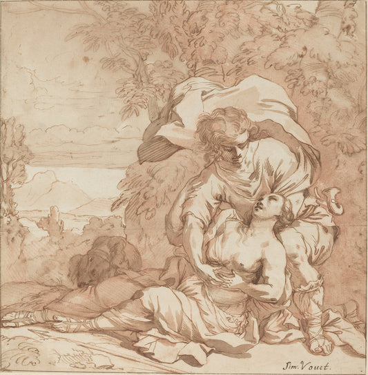 pen and brown ink with brown wash over red chalk on laid paper by Studio of Simon Vouet (Procris and Cephalus (?)), 16X12"(A3)Poster Print