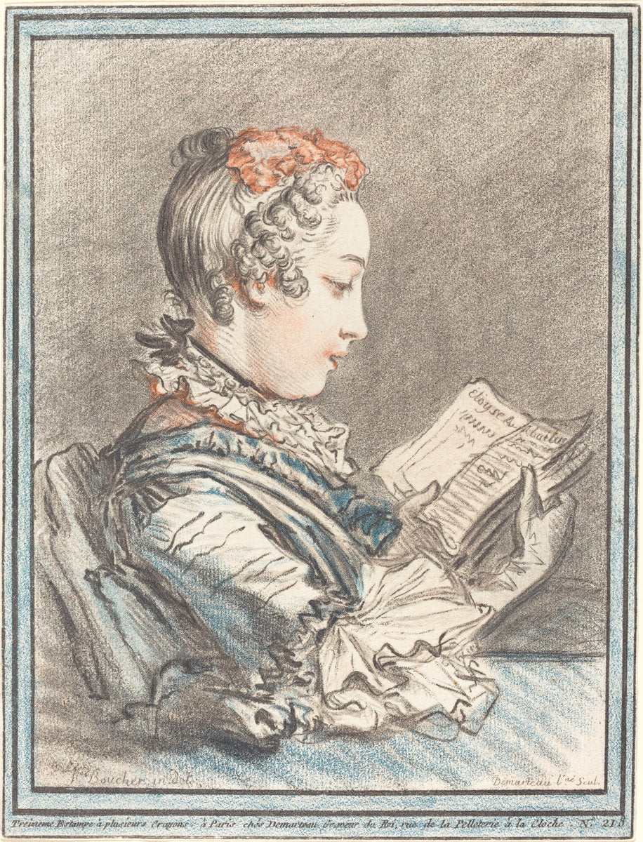 Young Girl Reading "Héloise and Abélard" by Gilles Demarteau, the Elder after François Boucher (French, 1722 - 1776), 16X12"(A3)Poster Print