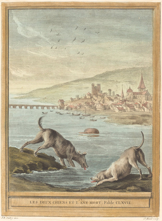 Les deux chiens et l'ane mort (Two Dogs and the Dead Donkey) by Elie du Mesnil after Jean-Baptiste Oudry (French, born 1726 or 1728), 16X12"(A3)Poster Print
