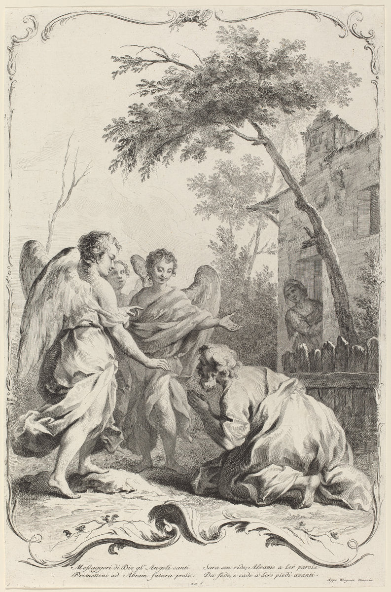 Abraham Kneeling before the Three Angels by Joseph Wagner (publisher) after Jacopo Amigoni (German, 1706 - 1780), 16X12"(A3)Poster Print