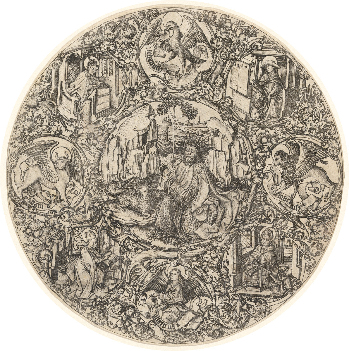 Saint John the Baptist in the Wilderness with the Lamb of God, Surrounded by the Symbols of the Evangelists and the Four Fathers of the Church by Master E.S. (German, active c. 1450 - active 1467), 16X12"(A3)Poster Print