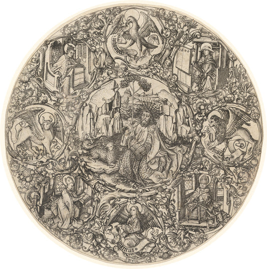 Saint John the Baptist in the Wilderness with the Lamb of God, Surrounded by the Symbols of the Evangelists and the Four Fathers of the Church by Master E.S. (German, active c. 1450 - active 1467), 16X12"(A3)Poster Print