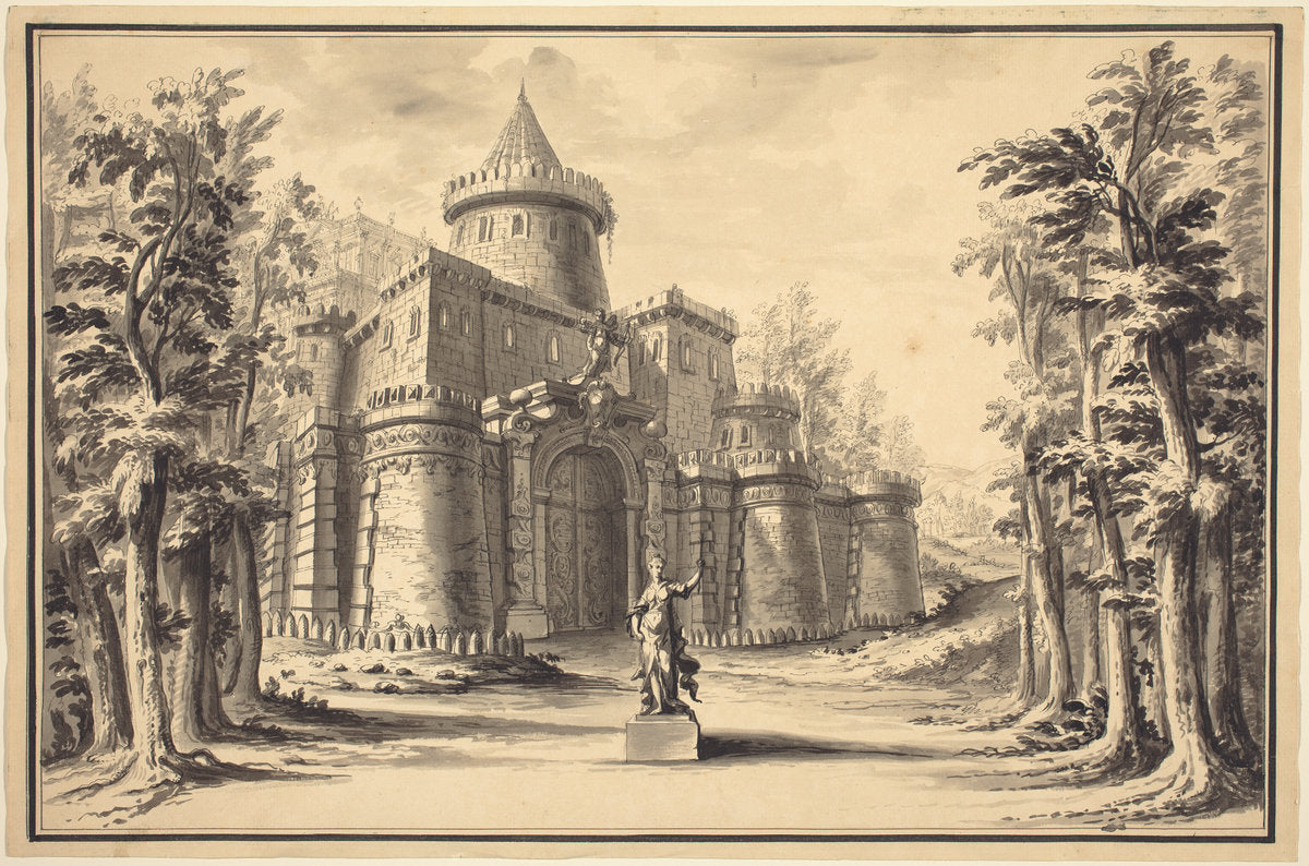 pen and black ink with gray wash on laid paper by German 18th Century (A Stage Set with a Statue and a Palace), 16X12"(A3)Poster Print