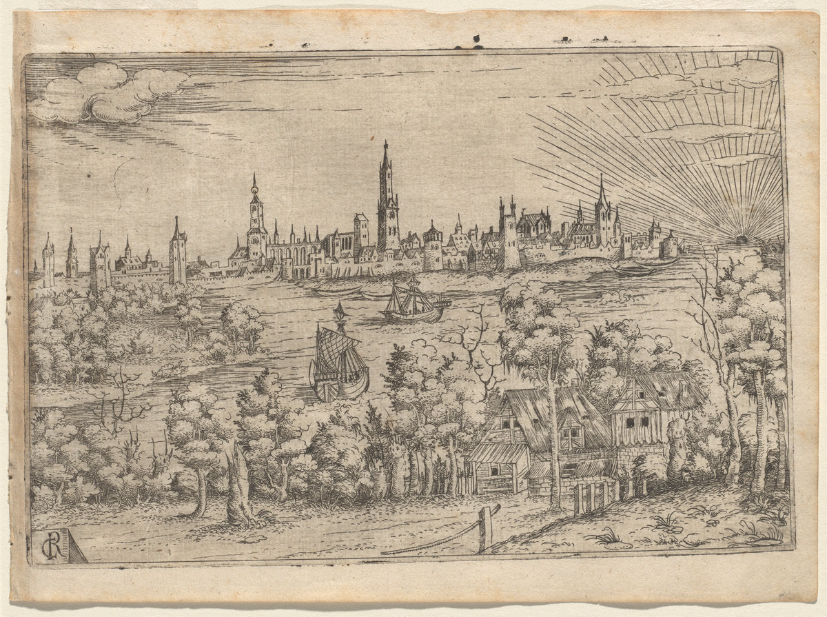 View across a River to a Walled City at Sunset by Master CR (German, active c. 1530 - 1550), 16X12"(A3)Poster Print