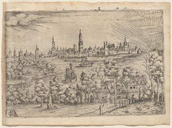 View across a River to a Walled City at Sunset by Master CR (German, active c. 1530 - 1550), 16X12